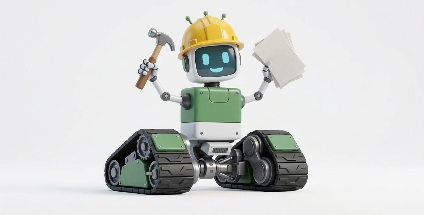 A robot in a hard hat, holding a hammer and a sheaf of paperwork